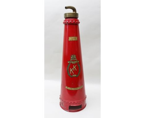 A 'MERRYWEATHER' WATER FIRE EXTINGUISHER having riveted conical body, red painted with gilded crest inscribed 'Konus Kemik' a