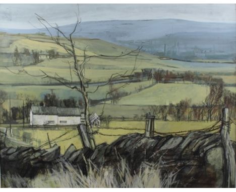 FRANCES WINDER "View over Glossopdale, from Derbyshire level, on the snake road side of town", mixed media painting including