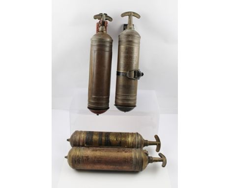 FOUR BRASS HAND PUMP FIRE EXTINGUISHERS includes a 'Minimax Limited' example (two have their wall mounts). The 'Minimax' with