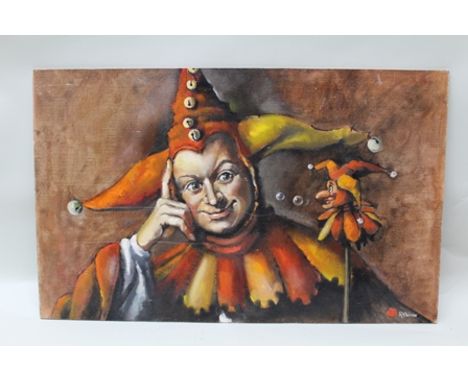 R A PALMER 'Jester', acrylic painting on artist's board, signed and bears red wax seal, (see labels verso), unframed, 47cm x 