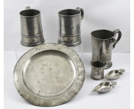 TWO VICTORIAN "QUART" PEWTER TANKARDS by "R. Dann of Maidstone", a side handled pewter JUG, a pewter "Gill" MEASURE, a pewter