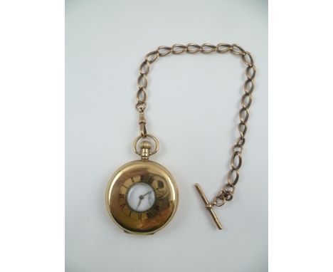 AN EARLY 20TH CENTURY 9CT GOLD CASED HALF HUNTER POCKET WATCH A Dennison watch case fitted a 17 jewel movement, white enamel 