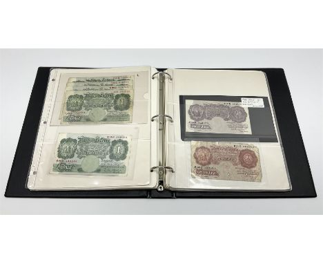 Album of mostly Great British banknotes including Peppiatt emergency issue one pound 'E57E', Peppiatt emergency issue ten shi