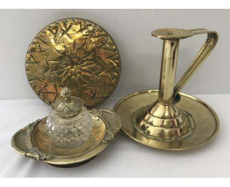 3 vintage brass items to include decorative brass dish with brass lidded cut glass bottle.  