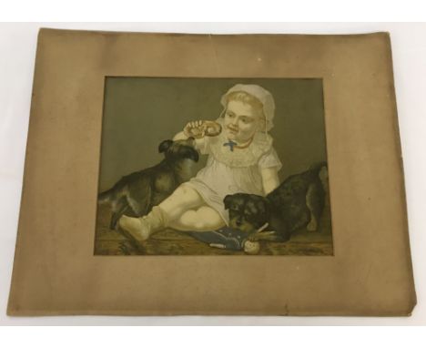 A vintage mounted but unframed oleograph of a young child with dogs.   Picture size approx. 2x x27cm.