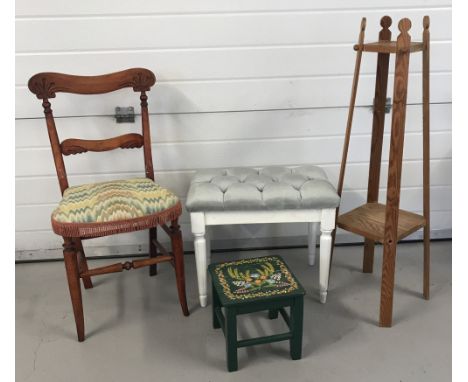4 pieces of small vintage furniture.  Comprising: a carved wooden bedroom chair, a white dressing table stool, a pine plant s