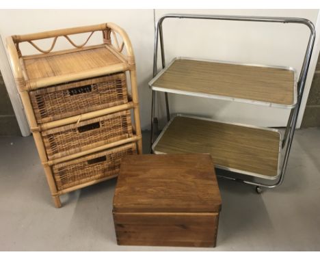 A modern 3 drawer cane and basket ware unit together with a vintage 2 tier trolley and a lidded box.   Drawer unit approx. 75