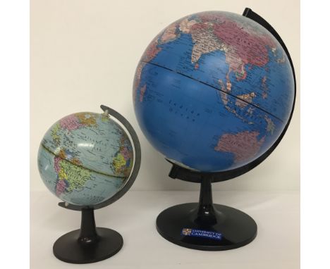 A small vintage 1976 globe by Scan-Globe together with a University of Cambridge modern globe.   Largest globe approx. 40cm t