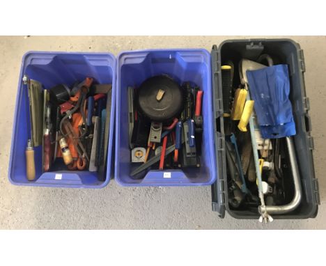 3 tubs of assorted tools and accessories .  To include: tape measures, laser level, Enox cutter set and saws and impact drive