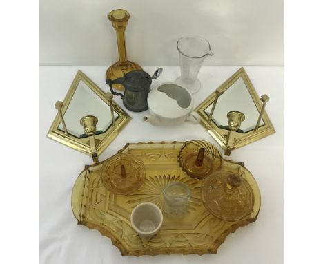 A box of assorted misc. glass, ceramics and metal ware items.  To include: A pair of brass framed hanging mirror backed candl