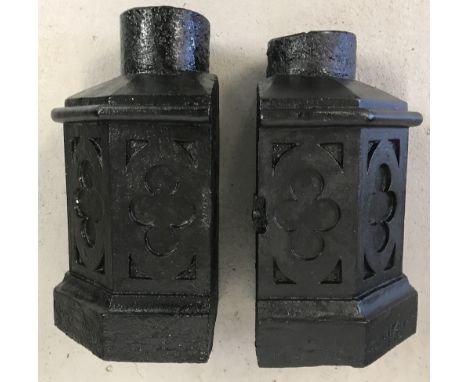 2 vintage cast iron corner rain hoppers with quatrefoil decoration.  