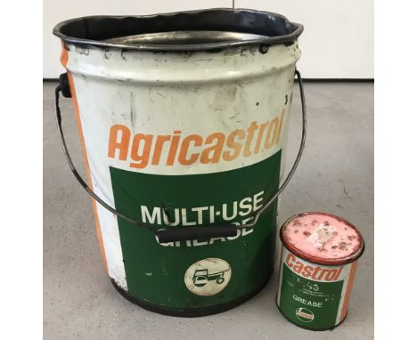 2 vintage Castrol grease cans.  A lidded 500g can together with a 12.5kg Agricastrol multi-use grease bucket. 