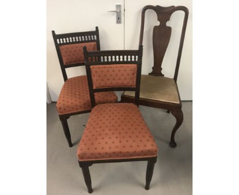 3 vintage chairs.  A Pair of dark wood bedroom chairs with turned decoration to backs together with a high back dining chair 