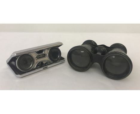 Two pairs of vintage binoculars. One covered in black leather; the other by Sport Glass, Japan in an integral tan &amp; chrom
