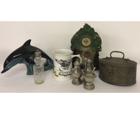  A box of mixed ceramics, Glass and metal ware.  Comprising: An  R.A.F. Swanton Morley 40 year commemorative mug, a vintage c