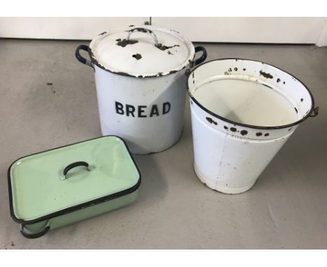 3 vintage enamelware items.  A circular lidded breadbin, a green enamel lidded roasting tin and a bucket.  Breadbin approx. 3