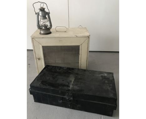 3 vintage metal ware items. A white painted metal meat safe with hanging hooks. Together with a black painted metal document 