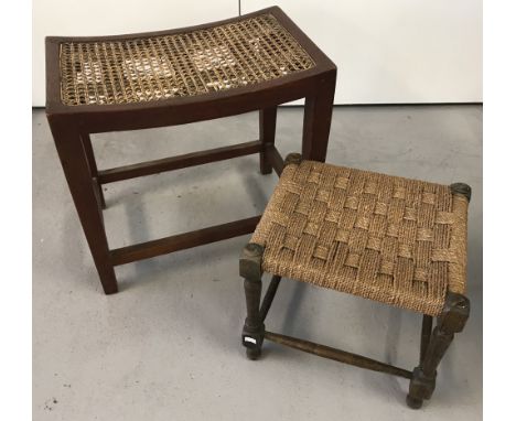 2 vintage wooden framed string topped stools.  A wide seated curved topped stool, together with a foot stool with turned legs