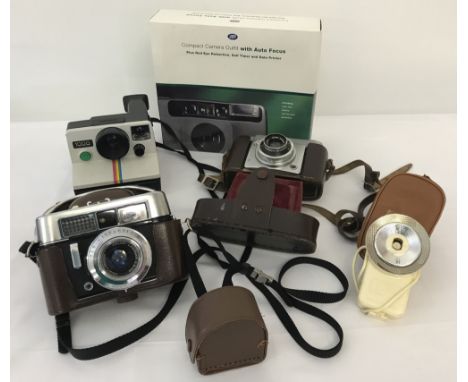 4 vintage cameras.  c1960's Voigtlander VITO CLR and Ilford Sportsman 35mm cameras &amp; flash, a boxed Boots 500AF Autofocus