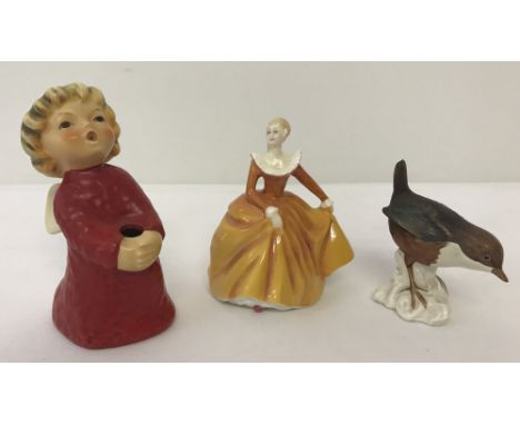 3 small ceramic figurines. Royal Doulton "Fragrance" HN3220 together with 2 Goebels figures (1 a/f).   Tallest approx. 10.5cm
