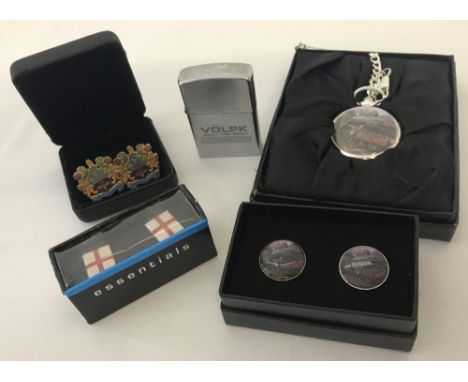 A boxed modern quartz pocket watch with chain "Glory of Steam" depicting The Flying Scotsman.  Together with a matching pair 