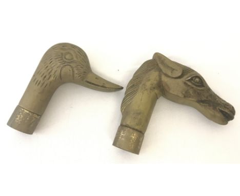 2 brass animal head shaped walking stick handles; a horse and a duck.  