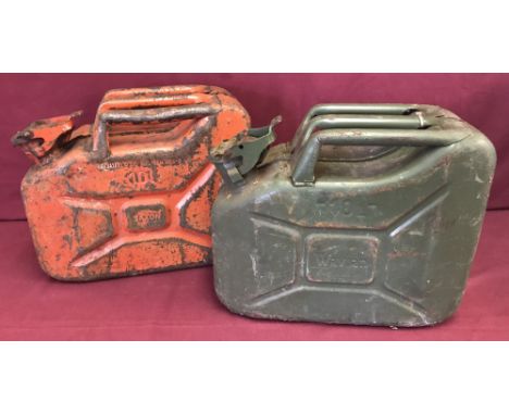 2 vintage 10 litre jerry cans.  A red one marked 'Saxon' together with a green one marked 'Wavian'. 