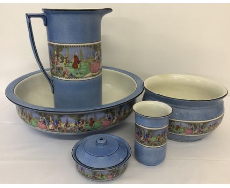 A vintage 5 piece ceramic bathroom set decorated with 18th century court scenes.  Comprising: wash bowl and jug, chamber pot 