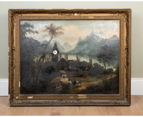 A 19th Century continental musical picture clock depicting hunters before a village on the edge of an alpine lake, the clockt