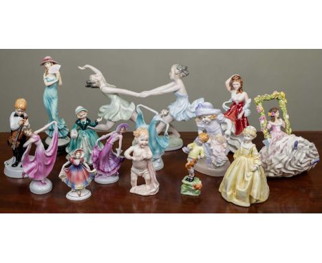 A collection of porcelain and other figural groups by Royal Doulton and Worcester etc to include; 'Grandmother's Dress'; 'I'm