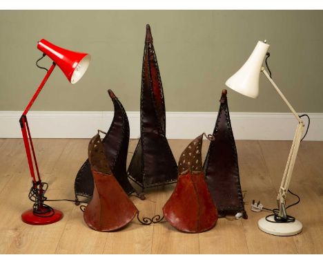A Herbert Terry anglepoise lamp; a further anglepoise lamp; and five hide-covered lamps