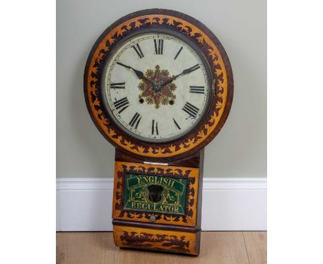 An American drop-dial wall clock with decorative inlay to include two racing greyhounds, 43cm wide x 69cm highThe movement pr