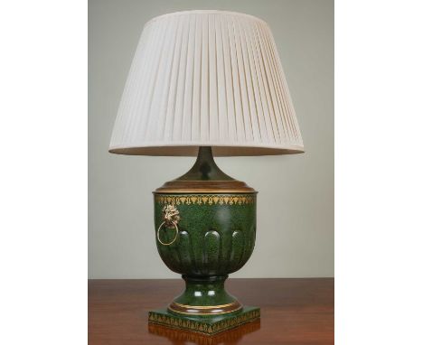 A mottled green and parcel-gilt toleware table lamp in the form of a classical urn, 28cm diameter x 53cm high to the fittingM