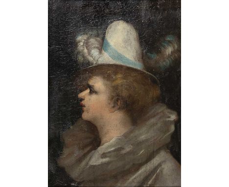 Continental school (early 19th century)Side profile head and shoulders portrait of a pierrot, oil on panel, 34.5 x 24cm