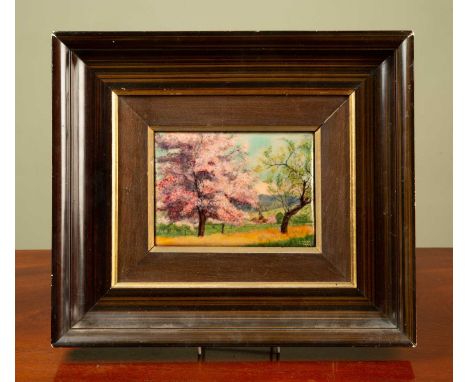 A Limoges enamel plaque by Camille Faure with a pastoral scene in summer, signed "C. FAURE, LIMOGES" 12cm x 16cmGood. A small