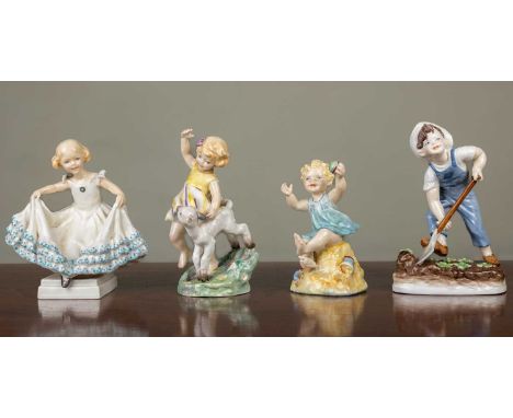 A group of four Royal Worcester figurines of children to include: 'Masquerade'; 'Saturday's Child'; 'The Child Born on the Sa