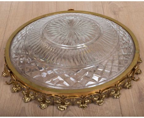 A Regency-style gilt metal plafonnier shade or light fitting with leaf cast boarded edging and cut glass shade, 46cm diameter