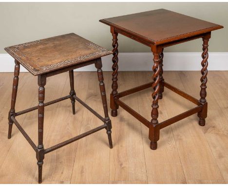 A Victorian red walnut square occasional table with open barley twist supports, 56cm wide x 69cm high; together with a furthe