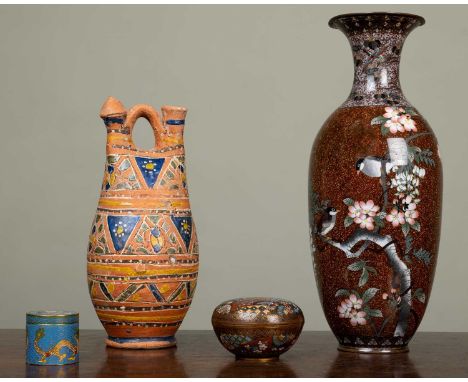 An antique cloisonné vase, the gold ground decorated with birds amongst prunus blossom, 34cm high; together with two cloisonn