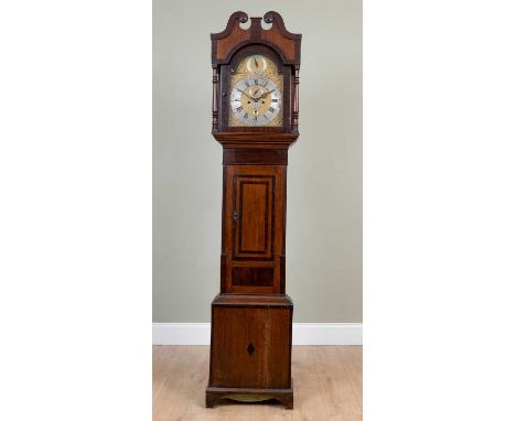 An oak eight-day longcase clock, the dial signed Johnathan Rouchleiffe, London, the case with mahogany detailing and cross ba