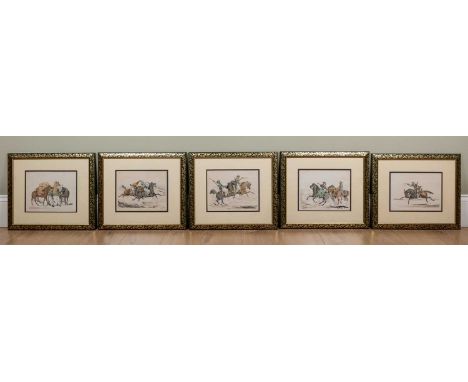 A collection of five decorative 19th century lithographs by Henry Alken, each depicting Arab figures with horses, hand-colour