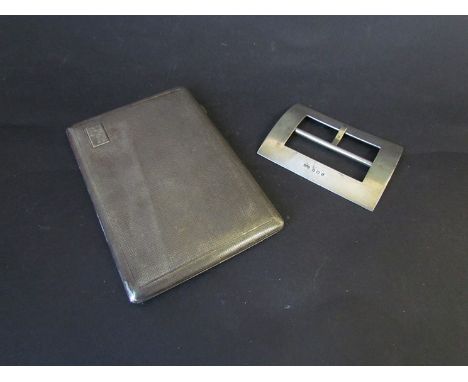 A silver buckle, Birmingham 1934 and an E J Houlston silver engine turned cigarette case, Birmingham 1942 (2), 229g