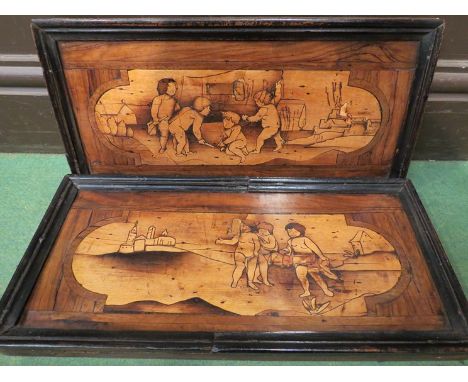 Two 18th Century olive wood marquetry drawer fronts of children playing in the street adapted as wall pictures, Mediterranean