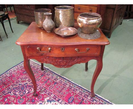 A serpentine front sofa table, single front drawer, carved frieze on slender cabriole legs, 78cm tall