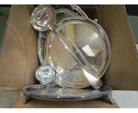 A box of plated ware including entrée dish, waiters, ladle etc