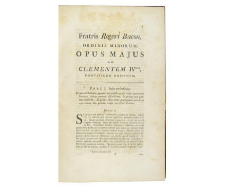 Bacon, Roger. Opus Majus ad Clementem Quartum, first edition, 2 folding engraved plates, folding table, title torn in two, bu