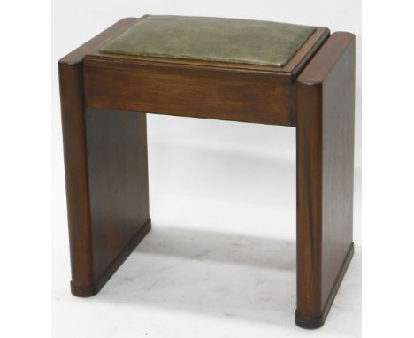 A mid 20thC walnut Art Deco piano stool, with overstuffed seat in shagreen style material, on oblong stiles, 53cm high, 51cm 