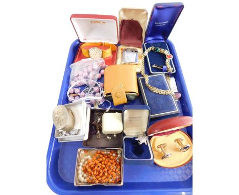 Assorted costume jewellery, comprising turtle brooch, amethyst style beaded necklace, Timex wristwatch, cased Ronson lighter,