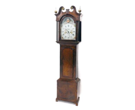 Harlow, Lane-End. An early 19thC moon rolling longcase clock, the 31cm wide painted enamel Roman numeric and Arabic dial, wit