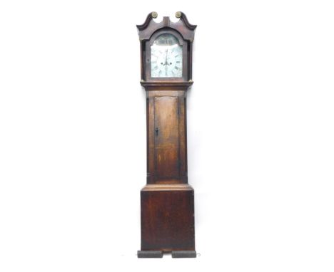 A 19thC oak and mahogany longcase clock, the painted 28cm wide  Roman numeric and Arabic arched dial decorated with exotic bi